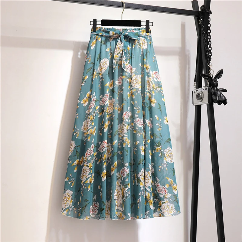 

women chiffon vintage elegant boho midi skirt with belt Summer 2020 high waist pleated skirts womens lady print skirts female
