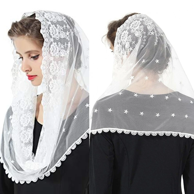 Muslim Floral Lace Veil Scarf Wedding Bride Chapel Head Covering Wrap Latin Mass Mantilla Catholic Hijab