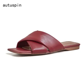 

Summer Women Genuine Leather Slippers Shoes 2020 Female Square Peep Toe Casual Sandals Cross Belt Slip on Beach Shoes Size 34-40