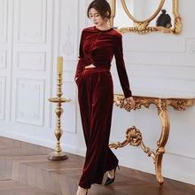 2019 Autumn Winter Two Piece Set for Women Solid Long Sleeve Velvet Blouse and Wide Leg Pants Women Elegant Vintage 2 Piece Set 2019 Autumn Winter Two Piece Set for Women Solid Long Sleeve Velvet Blouse and Wide Leg Pants Women Elegant Vintage 2 Piece Set