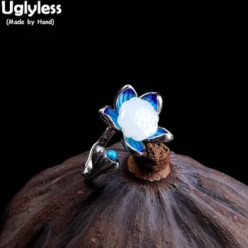 

Uglyless China Chic Vintage Enamel Lotus Rings for Women Natural Real Jade Lotus Flower Open Rings Solid 925 Silver Jewelry R953