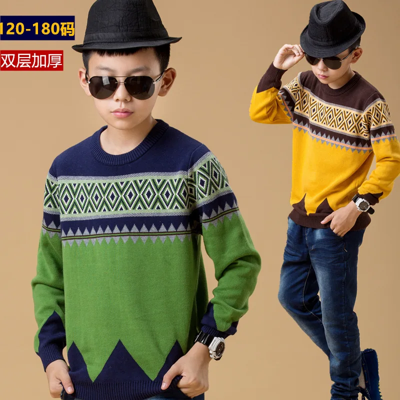 

Spring And Winter Boys' Sweater Big Boy Sweater Childrenswear Pure Cotton Sweater Children Double Layer Thick plus Velvet Pullov