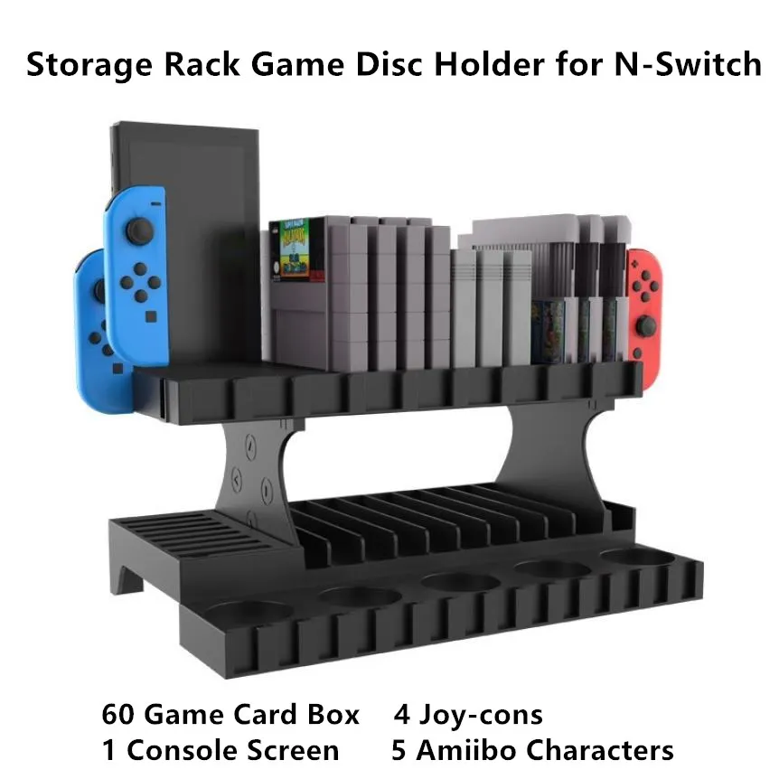 

Storage Rack Game Disc Holder for N-Switch Game Case Storage 60 Game Card Box 4 Joy-cons 1 Console Screen 5 Amiibo Characters