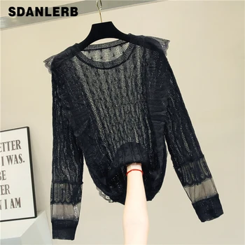 

New Long sleeve Knit Shirt Women's Pullover Sweater Loose Black Jumper Mesh Patch Long Sleeve Thin Sweater Pull Autumn 2019