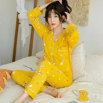 

Sleep Bottoms Sleepwear New Products Fold-down Collar Pure Cotton Long Sleeve Women's Tracksuit Pajamas