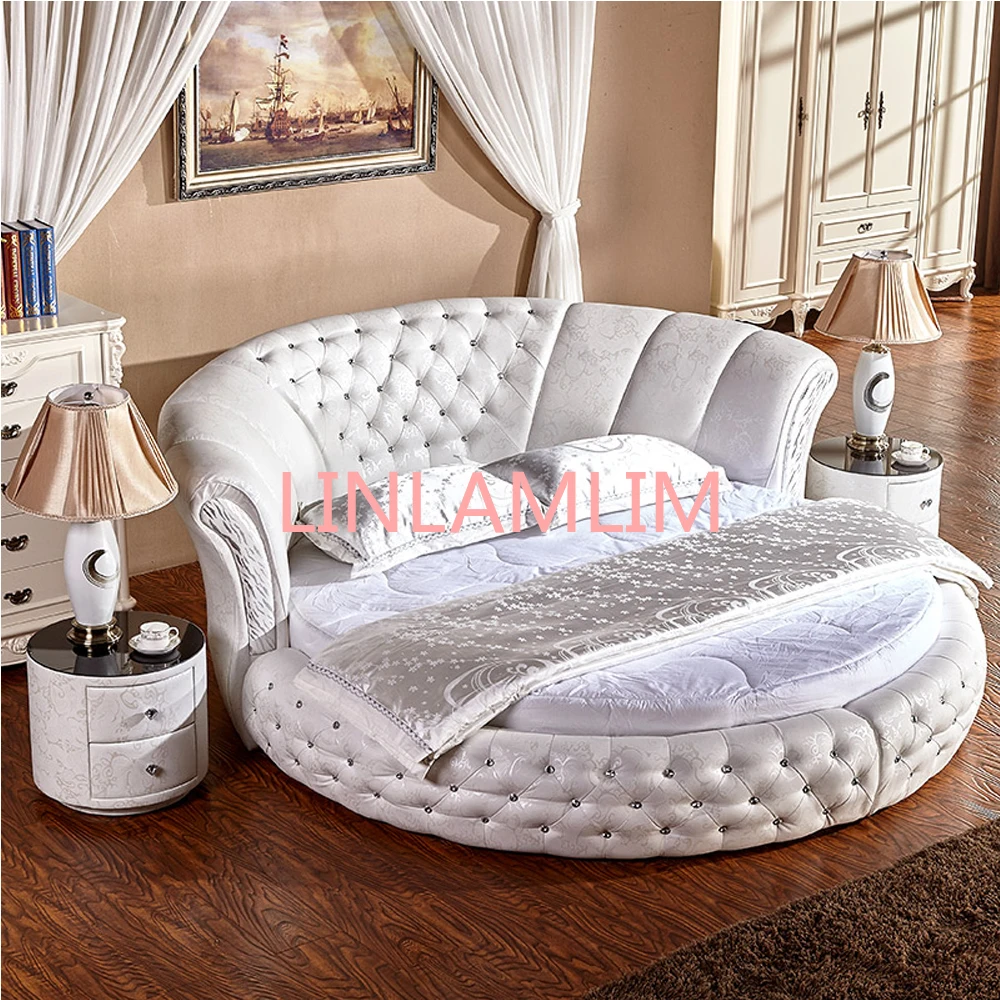 Genuine Leather multifunctional bed frame Nordic camas ultimate bed round night stands with crystal buttons white color