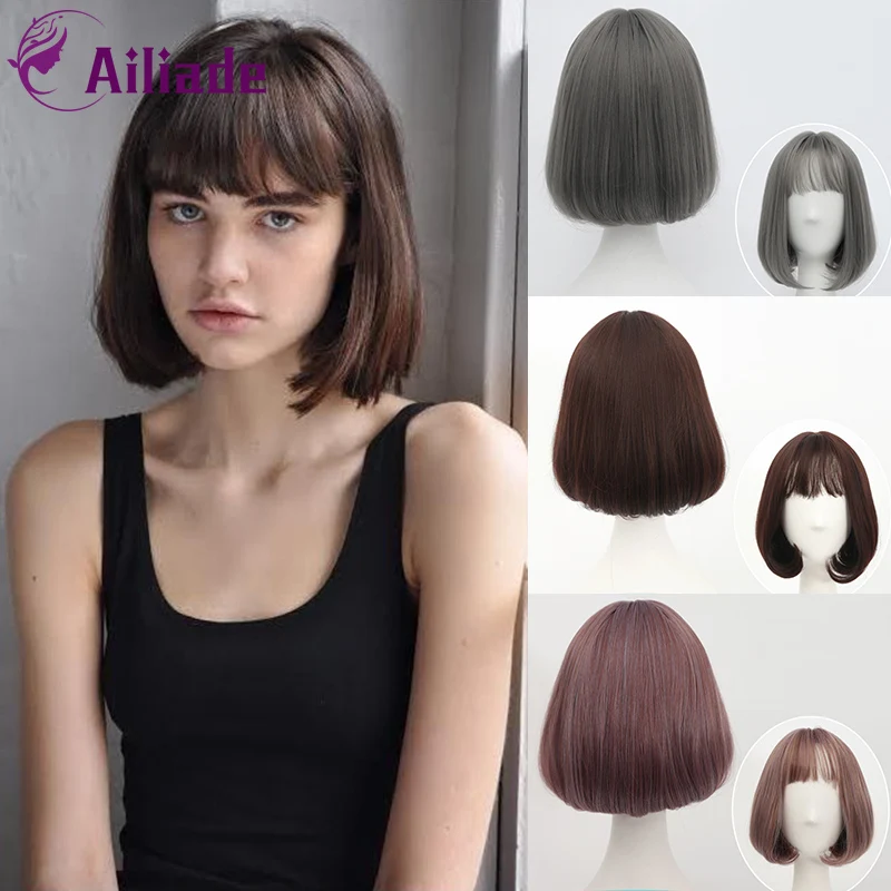 

AILIADE Straight Synthetic Wigs With Bangs For Women Medium Length Hair Bob Wig Heat Resistant Bobo Hairstyle Cosplay Wigs