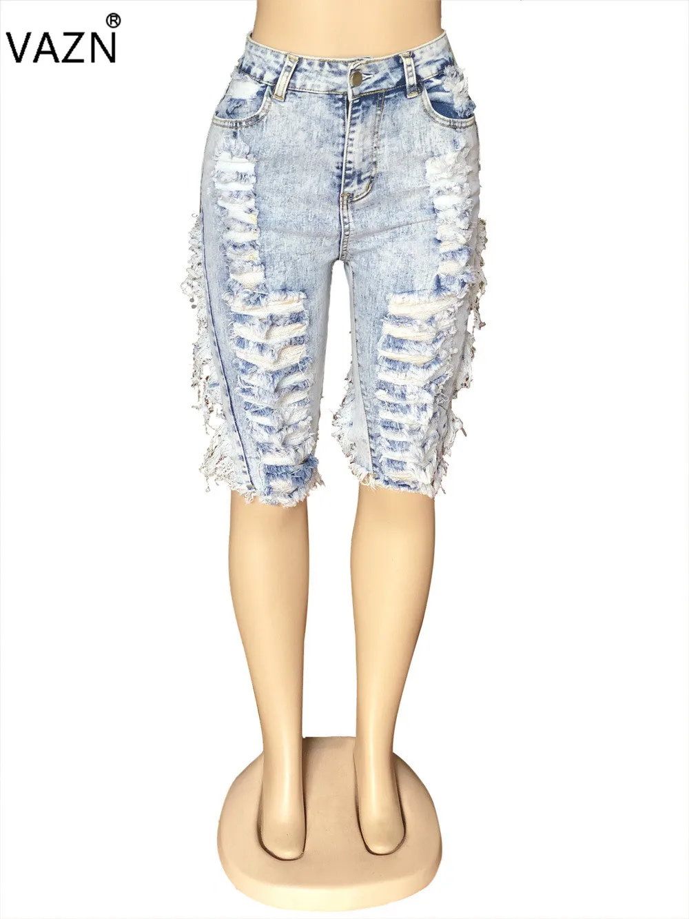 VAZN OSM5303 Summer Age Reduction Sexy Style Women Jeans Solid Tassel Popular Hole Women Joker Knee Length Skinny Pencil Pants