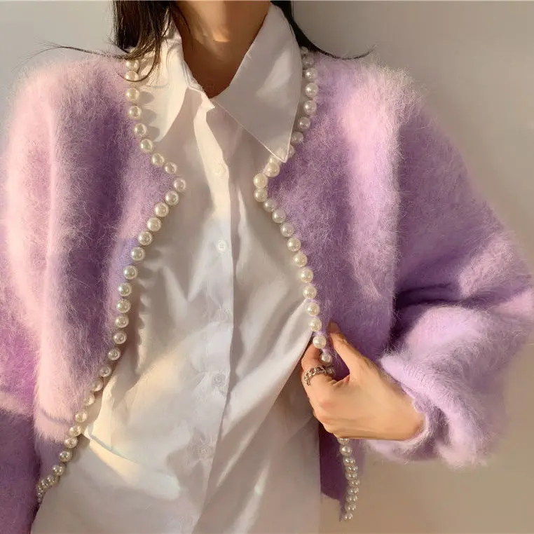 

Purple Plush Fall Fox Fur Furry Cardigans Long Sleeve Sweater Loose Coat Casual Cloth Girl Jacket V-neck Tops Clothes for Women