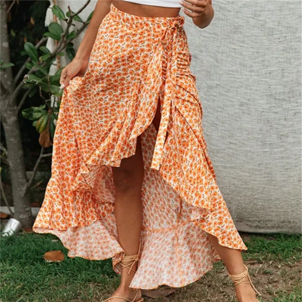 ZC3510-yellow-skirt Модная сексуальная юбка макси в стиле бохо с рюшами, модель года, летняя женская винтажная юбка с высокой талией и цветочным принтом - Цвет: ZC3510-yellow-skirt