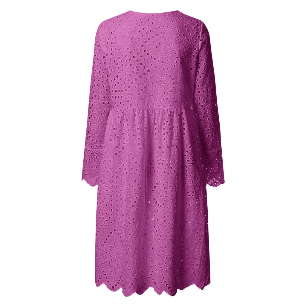 Элегантное выдалбливающее платье для женщин Boho, однотонное, v-образный вырез, длинные платья средней длины с длинным рукавом, Модный повседневный свободный сарафан, vestidos