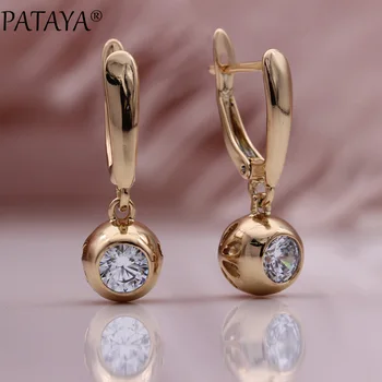 

PATAYA New Round Hollow Ball Dangle Earrings For Women 585 Rose Gold Fashion Jewelry Unique Luxury Natural Zircon Long Earrings