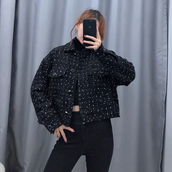 

Plus Size Women Loose Woolen Blends Jackets Spring Autumn Turn Down Collar Pockets Puff Sleeve Streetwear Coat Jacket WB9968