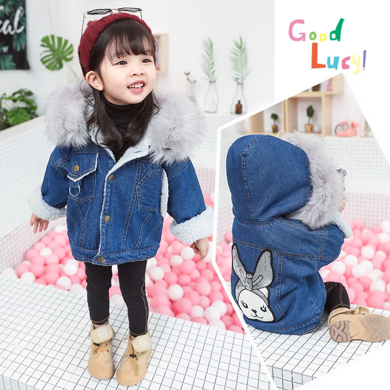 

Girls Winter Berber Fleece Jeans Coat New Style 2018 Korean-style Children Cartoon Hooded Fur Collar Cowboy Overcoat