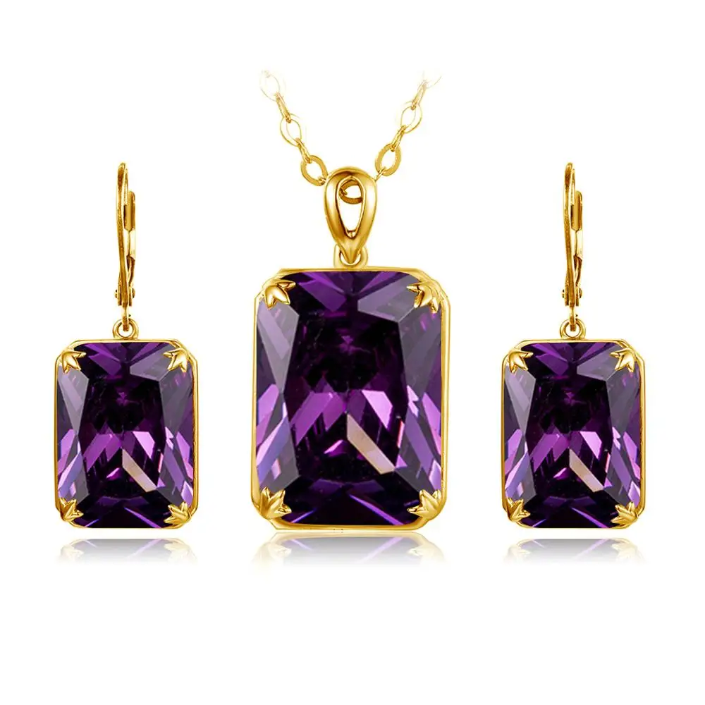 

100% Real 925 Sterling Silver 14K Gold Jewelry Sets Amethyst Gemstone Earring Pendant Sets For Women Fine Jewelry Charm Handmade