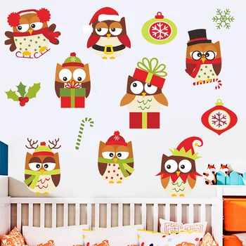 

Colorful owl Christmas wall sticker gift Snowflake Christmas cartoon decoration sticker children's room mural