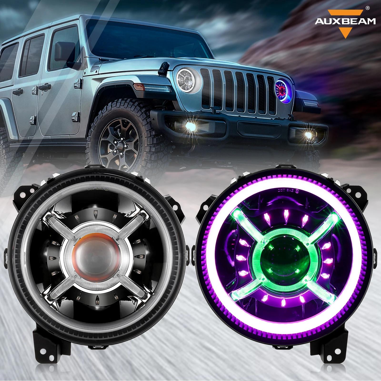 2 Pcs Led Rgb Headlights Hi-lo Beam App Color Control For Jeep Wrangler ...