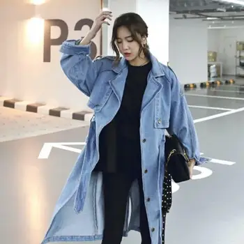 

Plus Size Autumn Women Casual Loose Long Denim Windbreaker Coat Button Female Long Sleeve Adjustable Waist Denim Trench
