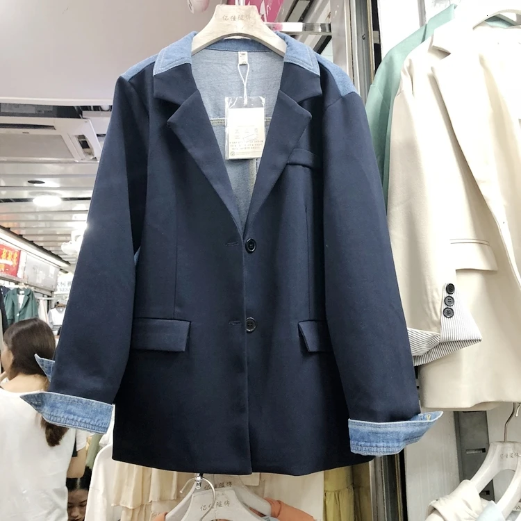 blue CHICEVER, пэчворк, деним, хит цвета, Женский блейзер, зубчатый, длинный рукав, большой размер, повседневный Женский блейзер,, осенняя мода, новинка - Цвет: blue
