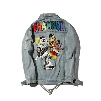 

KIMSERE Men Printed Hip Hop Denim Jacket With Holes Fashion Hi Street Ripped Jean Jacket Outerwear Streetwear Destroyed Clothing