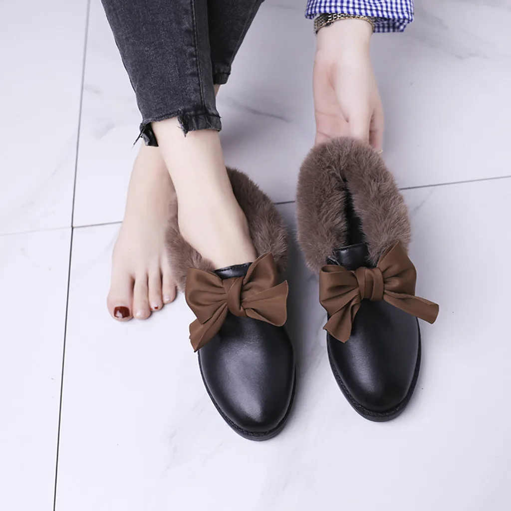 

Fashion Women Ankle Boots Sweet Bow-knot Warm Plush Flats Shoes Female Slip On Leather Short Boots Ladies Casual Fur Flats 35-40