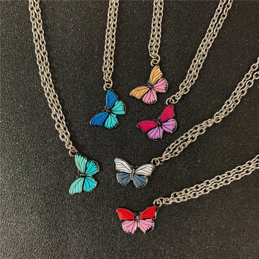 

2020 Chic Harajuku Colorful Butterfly Pendant Necklace Gold Color Chain Choker Necklace Summer Korean bijoux femme kolye jewelry