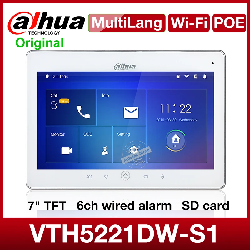 Dahua-Monitor de vídeo para interior, intercomunicador con tarjeta SD, POE, bidireccional, Wifi, VTH5221DW-S1, original, multilingüe