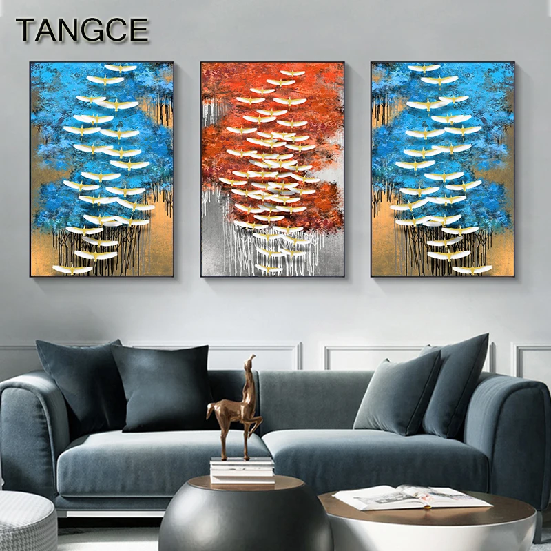 Abstract Blue Red Forest Canvas Painting White Bird Posters Prints Wall Art Pictures for Living Room Entrance Fashion Home Decor | Дом и сад