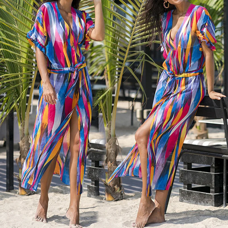 

2019 Chiffon Beach Cover up Bathing suit for Women Pareo Beach Swim Cover up Saida De Praia Robe Plage Kaftan Beach Dress #Q830