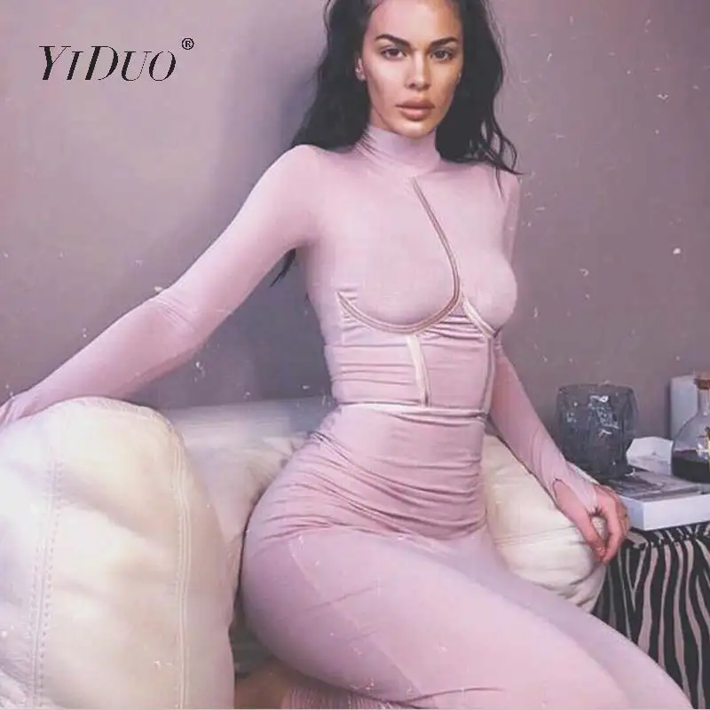 YiDuo водолазка сексуальное Бандажное длинное платье для женщин с длинным рукавом