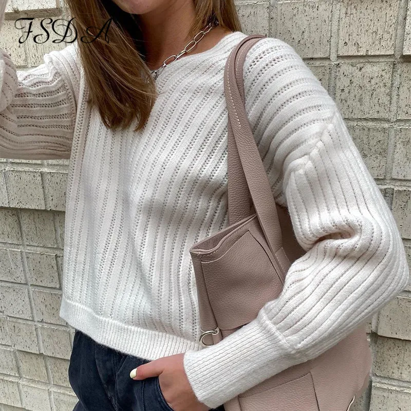 Женский вязаный свитер FSDA с круглым вырезом Розовый пуловер длинными рукавами