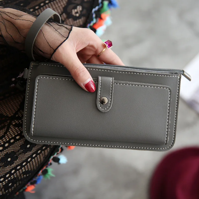 Ougger Long Women's Zipper Wallet Big Leather Wallets Clip PU Vintage Classic Coin Purse with Strap for Cards and Money