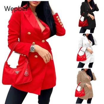 

WEPBEL Autumn Women Blazers Slim-Fit Long-Sleeved Suits Double-Breasted Medium-Length Suit Long Coat Solid Color Jackets