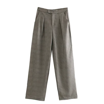 

Stylish Straight Pants Women Fashion Plaid Printed Trousers Elegant Ladies Zipper Buttons Pockets Pants Chic Pantalones
