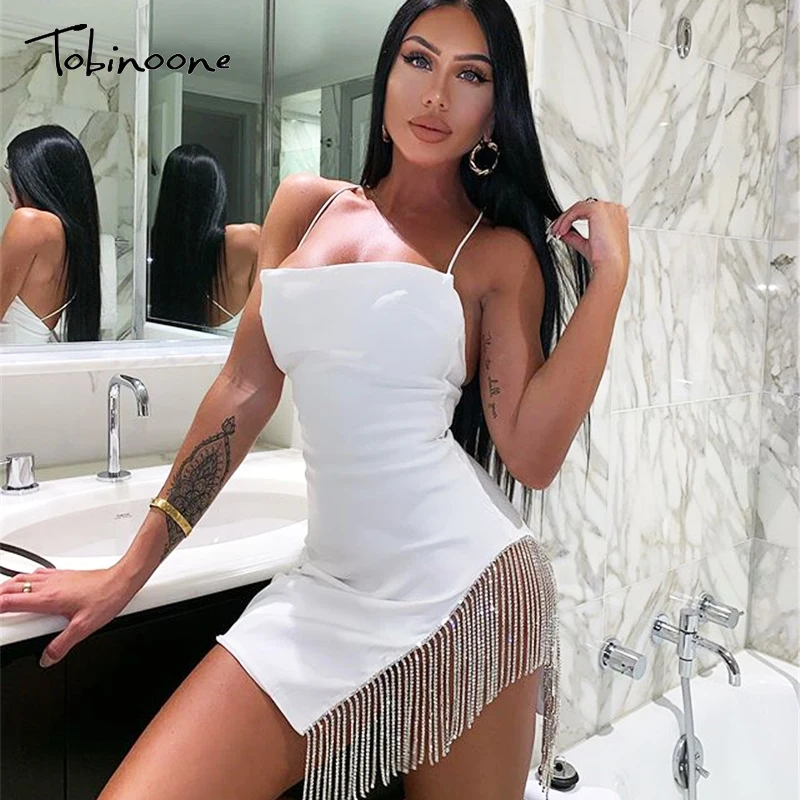 Tobinoone, модное женское платье с цепочкой, облегающее, без рукавов, Клубное, вечернее, Короткое мини платье для вечеринки, женские сексуальные платья с открытой спиной