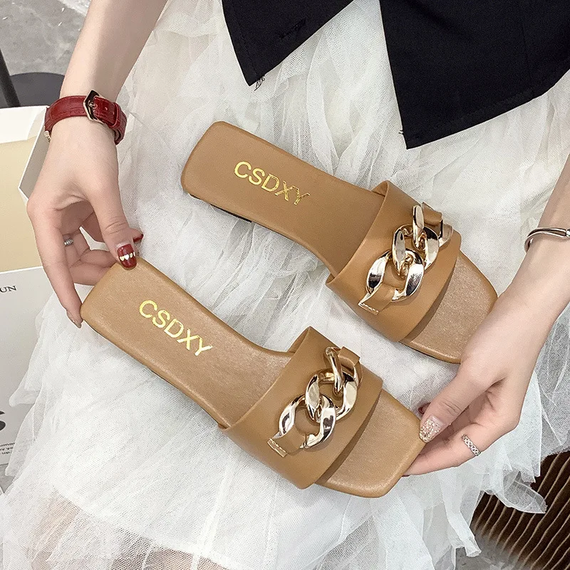 Brand Women Slippers Temperament Iron Chain Design Flat Flip-flops Summer Beach Holiday Women's Sandals 2021 Casual Flat Shoes