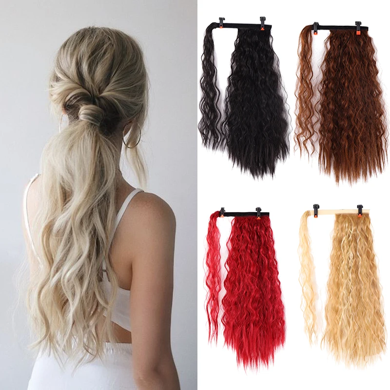 

Long Kinky Curly Ponytail Extension for Women Synthetic Wrap Around Magic Paste Curly Ponytail Corn Wave Clip in Hairpiece