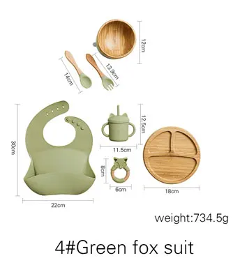 7Pcs Wooden Feeding Tableware Sets Kids Feeding Supplies Bamboo Dishes with Silicone Straw Cup Children Dinnerware Gift Set Green fox suit