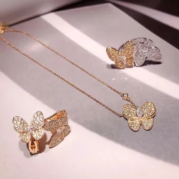 

Top brand party jewelry set for women two butterfly ring clip earrings necklace silver rose gold Famous brand wedding jewelry