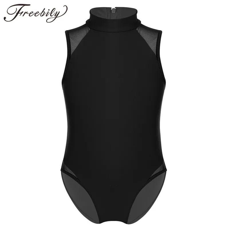 Ragazze dei capretti Senza Maniche Mock Neck Mesh Splice Chiusura Posteriore Con Cerniera Balletto Danza Ginnastica Body Tuta