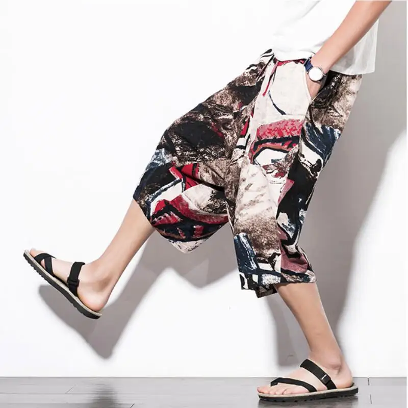 

2019 Sinicism Fashion male summer Hip hop linen Harlan shorts/Men Elastic waistline comfortable printing Beach shorts S-5XL