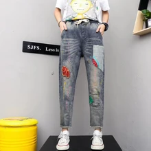 Женские новые джинсы размера плюс, джинсы с эластичной талией, Джинсы бойфренда, штаны-шаровары, Национальный стиль, Ретро стиль, джинсы