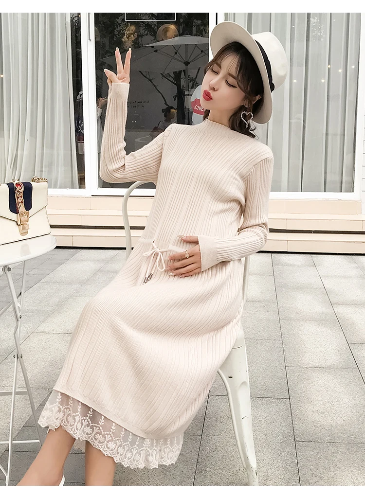 autumn and winter new sweater knit dress lace long sweater Korean fashion pregnant sweater