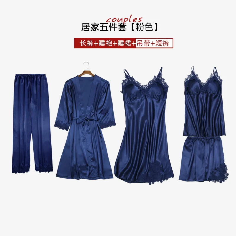Женские пижамы, 5 шт., атласные пижамные комплекты одежда для сна, шелковая Домашняя одежда с вышивкой, пижама с кружевами и нагрудники - Цвет: navy blue A