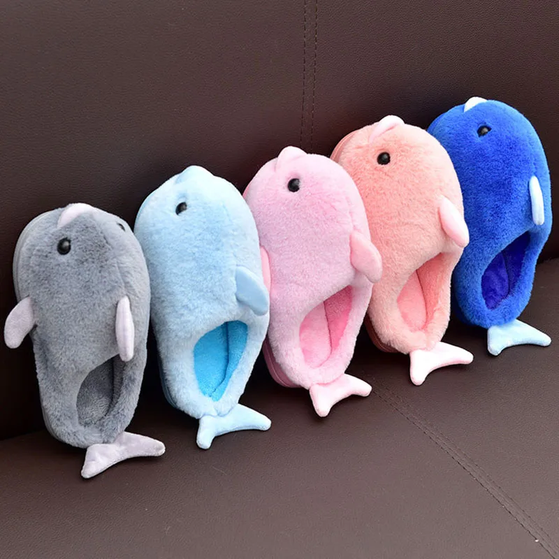 

Baby Kids Dolphin Slippers for Children Animal Pattern Fur Slides fashion Family Mather and Daughter Home Plush Slippers