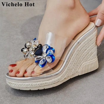 

Vichelo Hot straw wedges super high heels brand shoes peep toe rhinestone flower gorgeous modern high quality sandals women L68