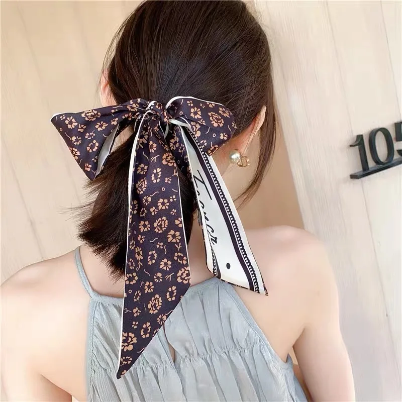 Luna&Dolphin Women Narrow Skinny Scarf 100x6cm Silk Feeling Chiffon Headbands Retro Flower Print Ribbon Neckercheif Streamer