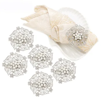 

TAI Top 4 Pcs Silver Hollow Pearl Crystal Flower Napkin Ring Table Decor Napkin Holder For Wedding Party Handmade Hotel Supplies