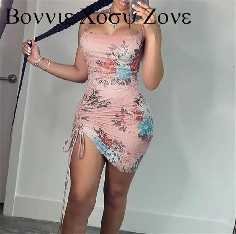 

Summer Dress For Women Sleeveless Floral Print Halter Drawstring Bodycon Dress
