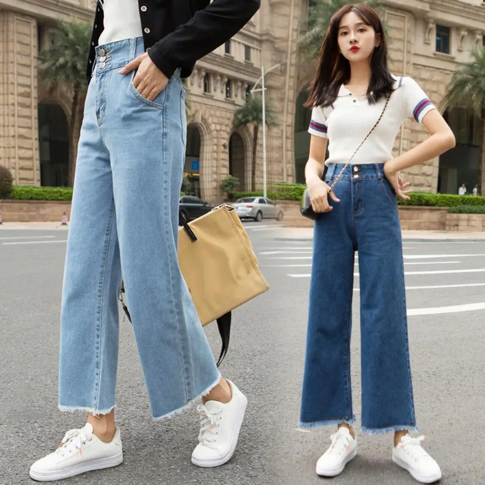 Casual mujeres pantalones vaqueros de cintura alta ropa recto ancho pierna Loose pantalones de mezclilla pantalón noveno chicas Harajuku Vintage azul Streetwear